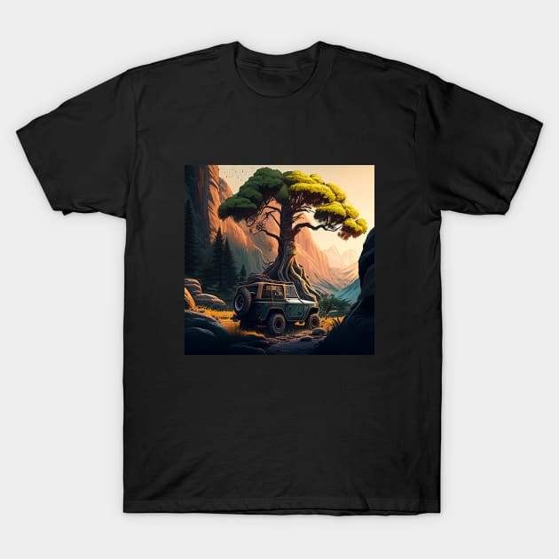 Jeep with Big Tree and Mountain Background T-Shirt by SNstore